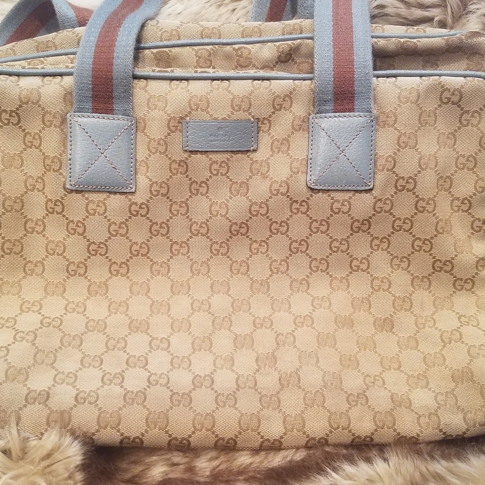 Gucci Monogram Web Carry on Travel Duffle Vintage Canvas w/Blue leather